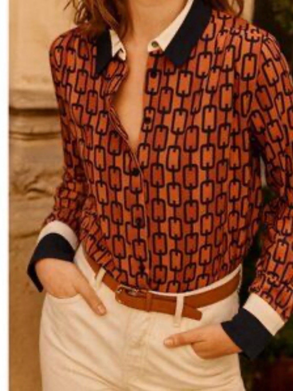 Express Rust Geometric Button-Down Shirt with Navy Contrast